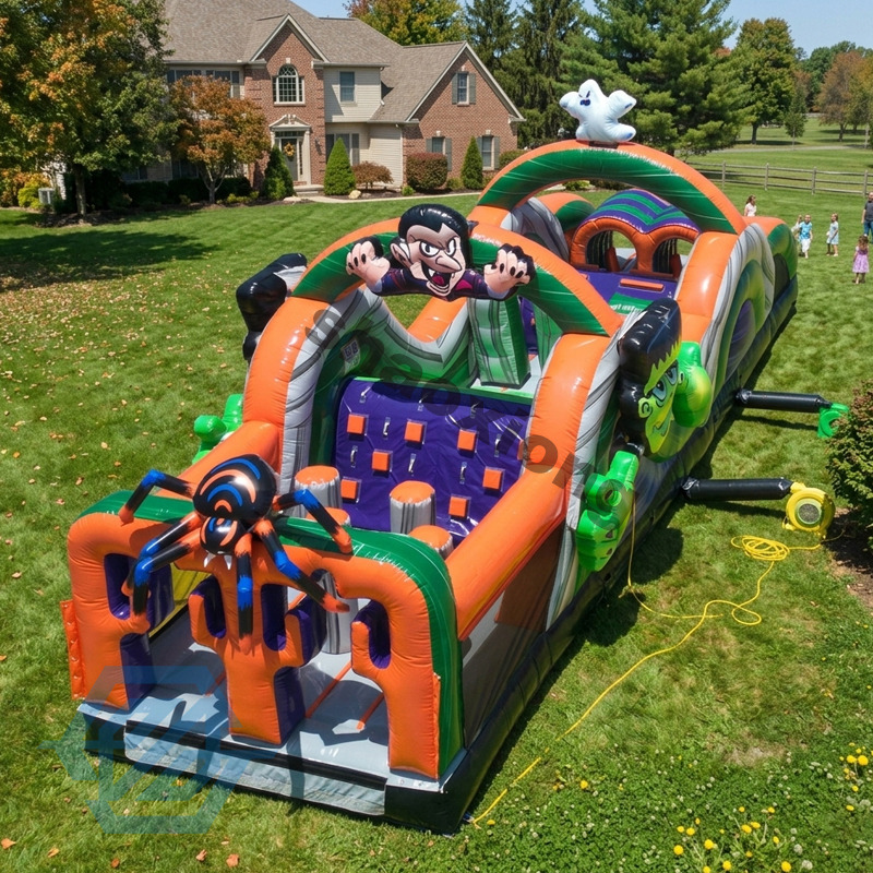 Carrera de obst&aacute;culos inflable grande comercial de Halloween de la granja de calabazas